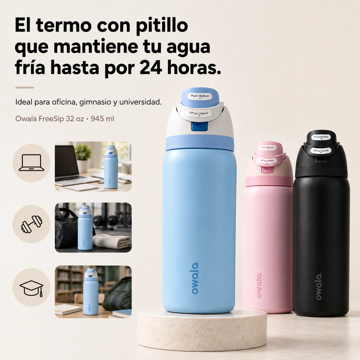Termo Owala FreeSip 32oz (945ml) - Acero inoxidable con aislamiento térmico, boquilla y pitillo integrado