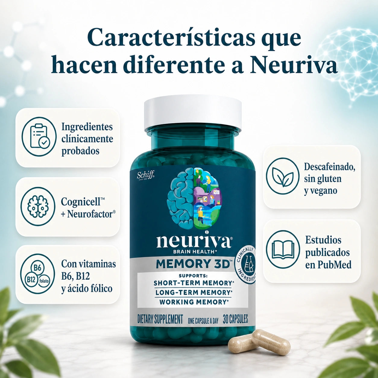 Neuriva suplemento cerebral (50 cápsulas) - Reduce el riesgo de padecer Alzheimer en +60 años